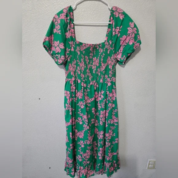 J. Crew Factory Smocked Midi Dress Floral Green/ Pink Puff Short Sleeves Size M - Picture 2 of 13